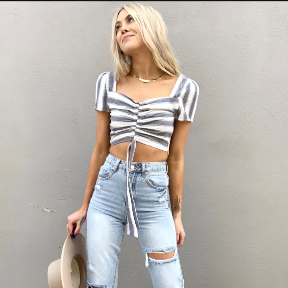 TIMING blue and white striped crop top
